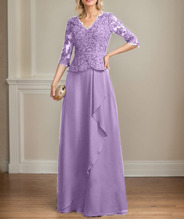 A-line V-Neck Floor-Length Lace Chiffon Mother of the Bride Dress With Cascading Ruffles Sequins