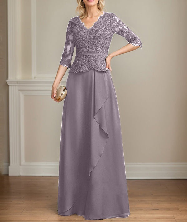 A-line V-Neck Floor-Length Lace Chiffon Mother of the Bride Dress With Cascading Ruffles Sequins