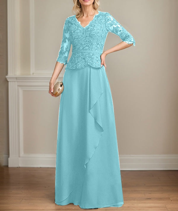 A-line V-Neck Floor-Length Lace Chiffon Mother of the Bride Dress With Cascading Ruffles Sequins