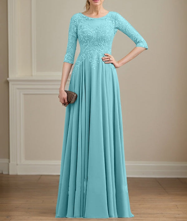 A-line Scoop Illusion Floor-Length Lace Chiffon Mother of the Bride Dress With Sequins