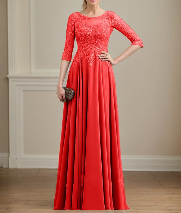 A-line Scoop Illusion Floor-Length Lace Chiffon Mother of the Bride Dress With Sequins