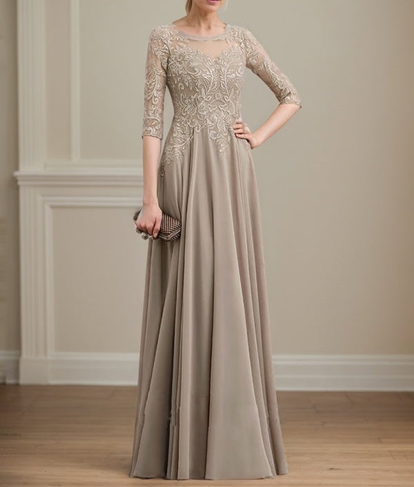 A-line Scoop Illusion Floor-Length Lace Chiffon Mother of the Bride Dress With Sequins