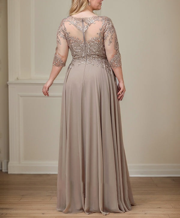 A-line Scoop Illusion Floor-Length Lace Chiffon Mother of the Bride Dress With Sequins
