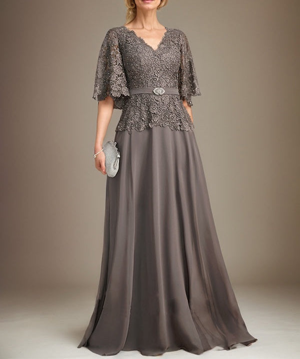 A-line V-Neck Floor-Length Chiffon Lace Mother of the Bride Dress With Crystal Brooch Rhinestone