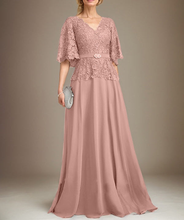A-line V-Neck Floor-Length Chiffon Lace Mother of the Bride Dress With Crystal Brooch Rhinestone