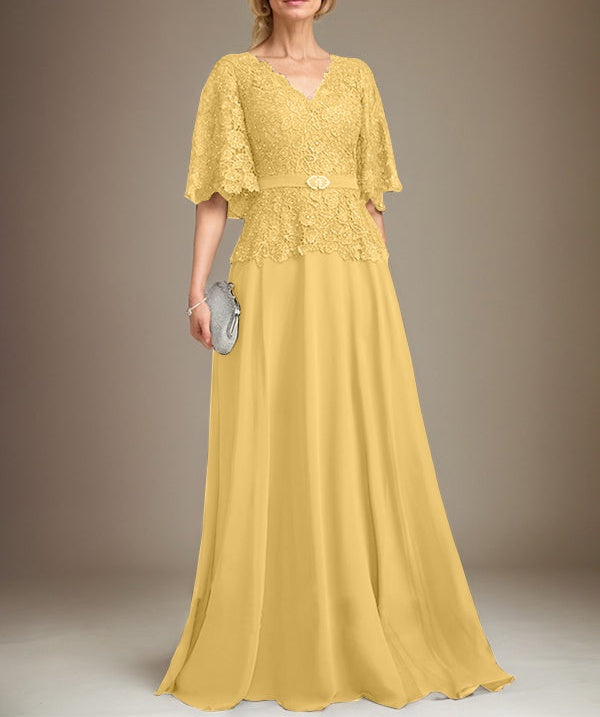A-line V-Neck Floor-Length Chiffon Lace Mother of the Bride Dress With Crystal Brooch Rhinestone