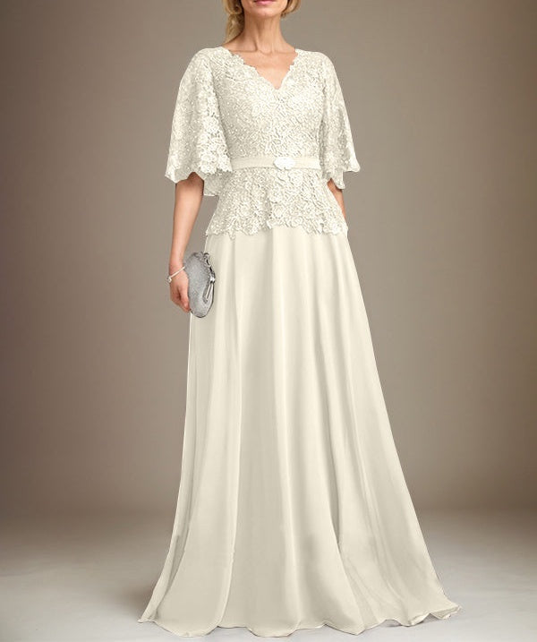 A-line V-Neck Floor-Length Chiffon Lace Mother of the Bride Dress With Crystal Brooch Rhinestone