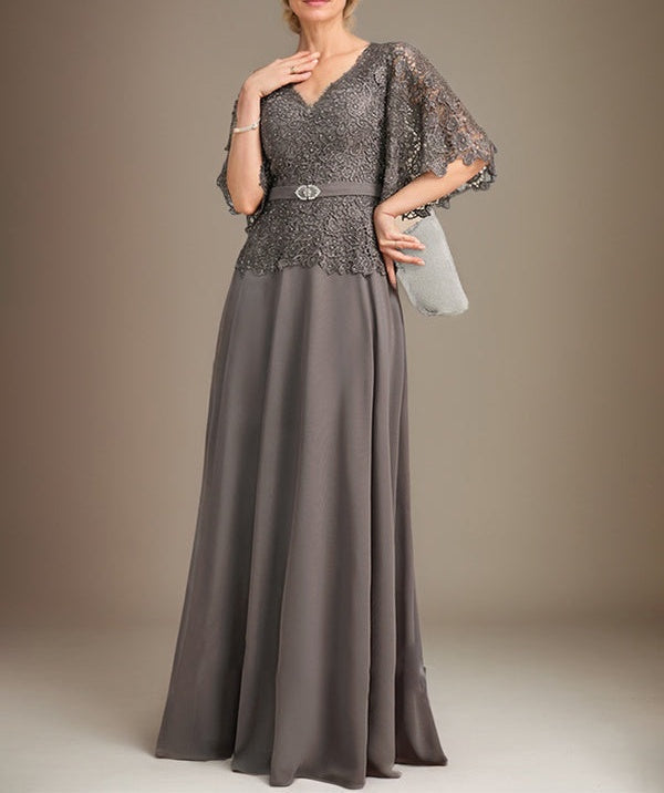 A-line V-Neck Floor-Length Chiffon Lace Mother of the Bride Dress With Crystal Brooch Rhinestone