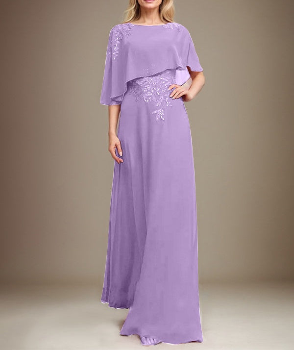 A-line Scoop Floor-Length Chiffon Lace Mother of the Bride Dress With Sequins Beading