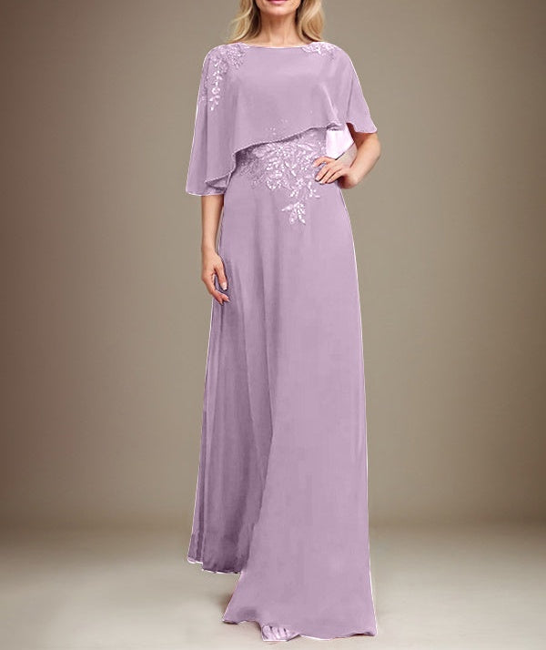 A-line Scoop Floor-Length Chiffon Lace Mother of the Bride Dress With Sequins Beading