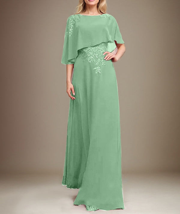 A-line Scoop Floor-Length Chiffon Lace Mother of the Bride Dress With Sequins Beading