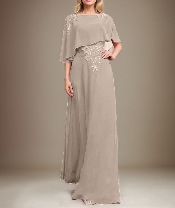 A-line Scoop Floor-Length Chiffon Lace Mother of the Bride Dress With Sequins Beading