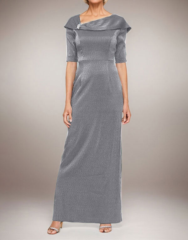 Long Shimmer Column Dress with Foldover Cuff L-Neckline and Elbow Sleeves