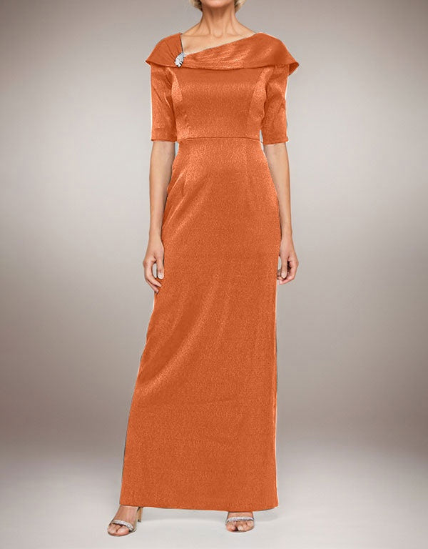 Long Shimmer Column Dress with Foldover Cuff L-Neckline and Elbow Sleeves