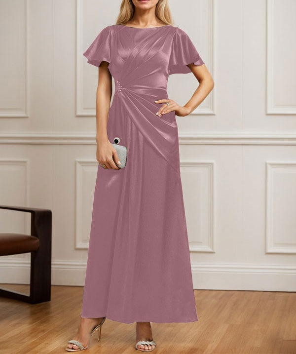 A-line Scoop Ankle-Length Stretch Satin Mother of the Bride Dress With Pleated Beading