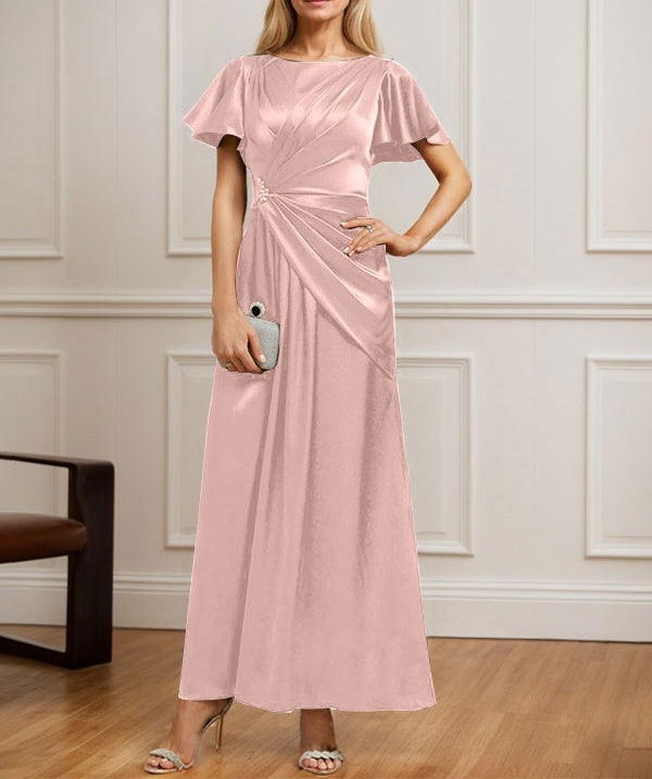 A-line Scoop Ankle-Length Stretch Satin Mother of the Bride Dress With Pleated Beading