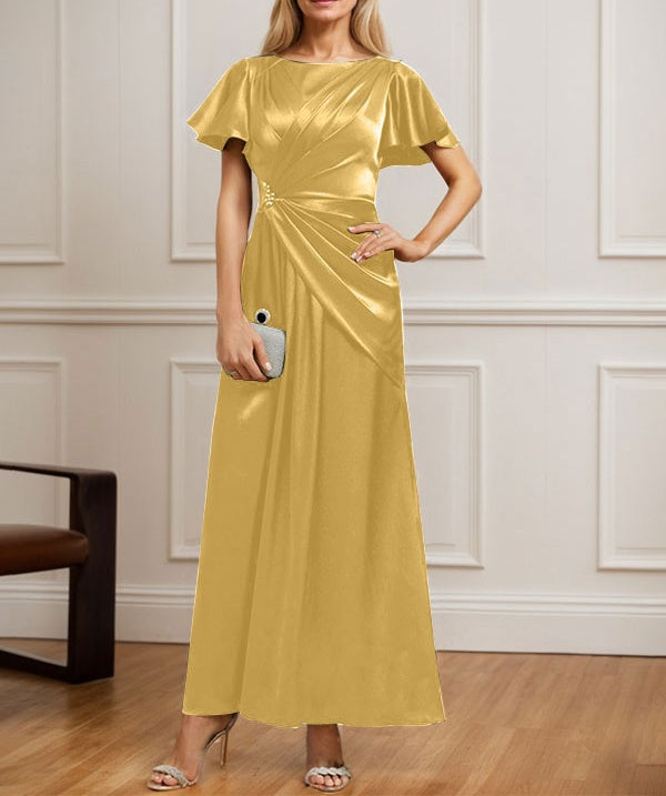 A-line Scoop Ankle-Length Stretch Satin Mother of the Bride Dress With Pleated Beading