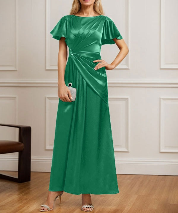 A-line Scoop Ankle-Length Stretch Satin Mother of the Bride Dress With Pleated Beading