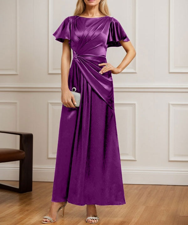 A-line Scoop Ankle-Length Stretch Satin Mother of the Bride Dress With Pleated Beading
