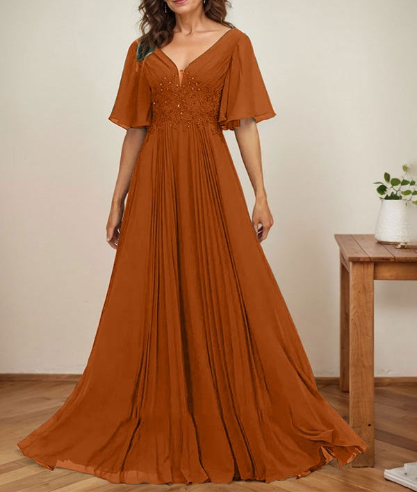 A-line V-Neck Floor-Length Chiffon Mother of the Bride Dress With Sequins Appliques Lace Pleated