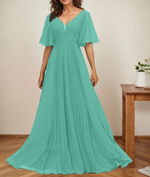 A-line V-Neck Floor-Length Chiffon Mother of the Bride Dress With Sequins Appliques Lace Pleated