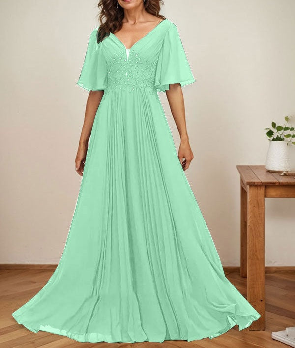 A-line V-Neck Floor-Length Chiffon Mother of the Bride Dress With Sequins Appliques Lace Pleated