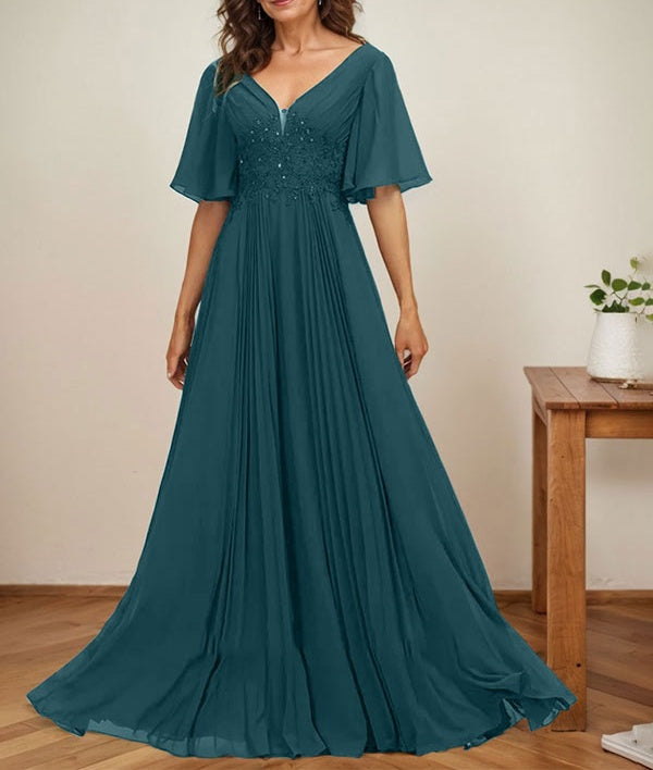 A-line V-Neck Floor-Length Chiffon Mother of the Bride Dress With Sequins Appliques Lace Pleated