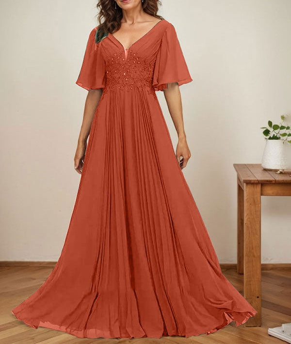 A-line V-Neck Floor-Length Chiffon Mother of the Bride Dress With Sequins Appliques Lace Pleated