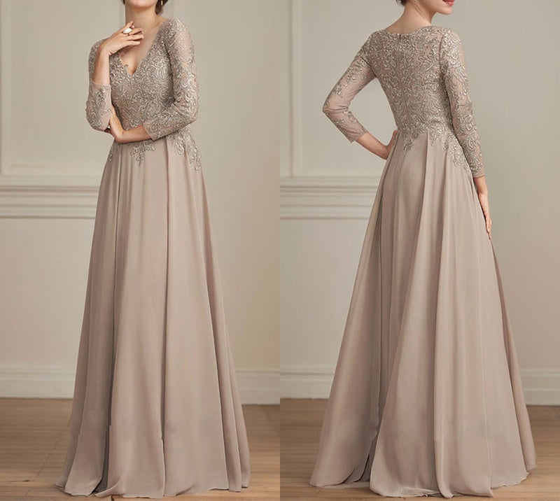 A-line V-Neck Floor-Length Lace Chiffon Mother of the Bride Dress With Sequins