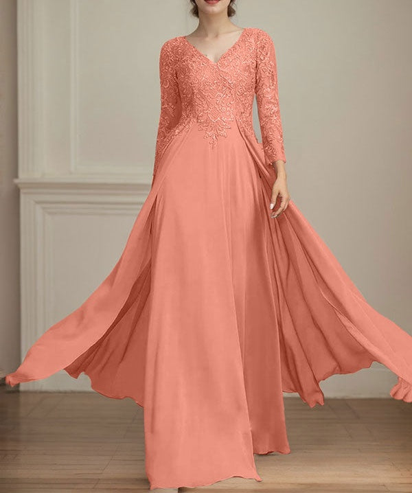 A-line V-Neck Floor-Length Lace Chiffon Mother of the Bride Dress With Sequins