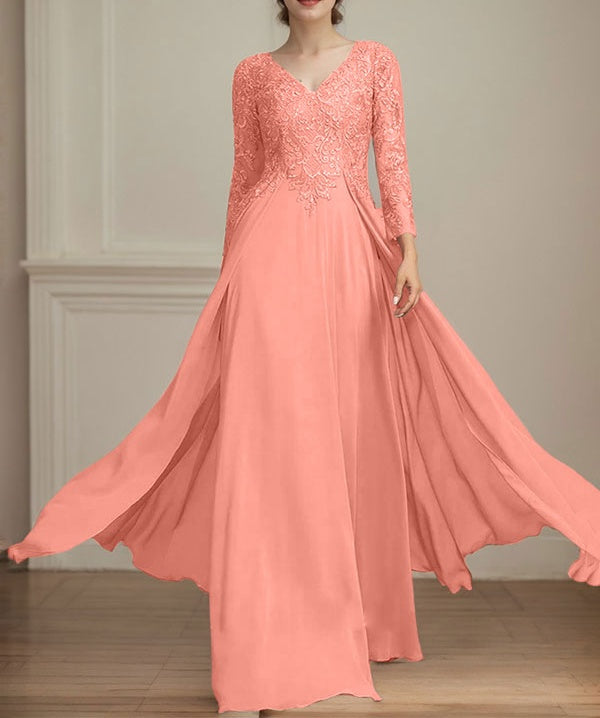 A-line V-Neck Floor-Length Lace Chiffon Mother of the Bride Dress With Sequins