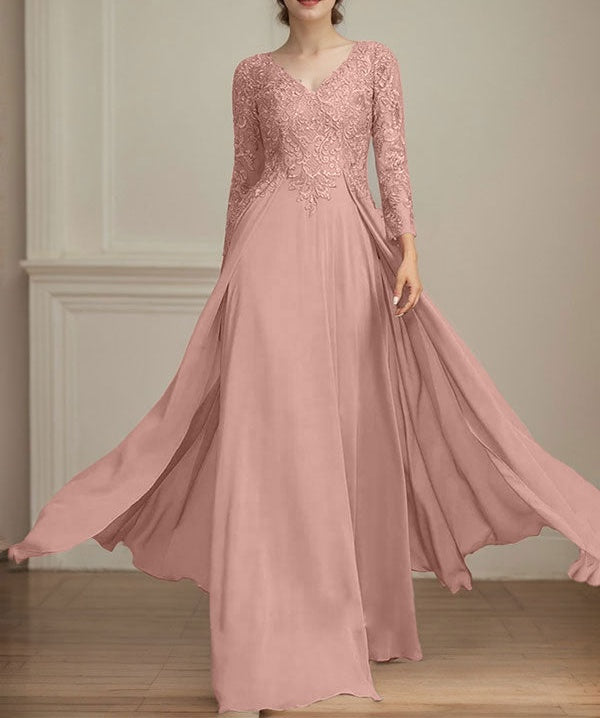 A-line V-Neck Floor-Length Lace Chiffon Mother of the Bride Dress With Sequins