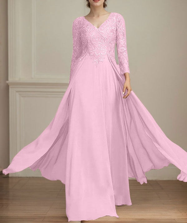 A-line V-Neck Floor-Length Lace Chiffon Mother of the Bride Dress With Sequins