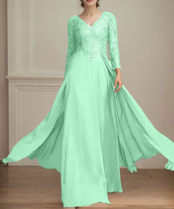 A-line V-Neck Floor-Length Lace Chiffon Mother of the Bride Dress With Sequins