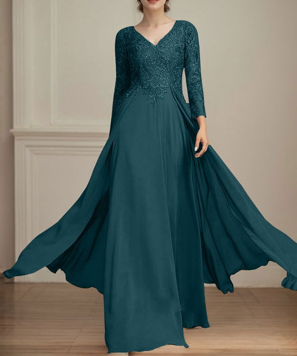 A-line V-Neck Floor-Length Lace Chiffon Mother of the Bride Dress With Sequins