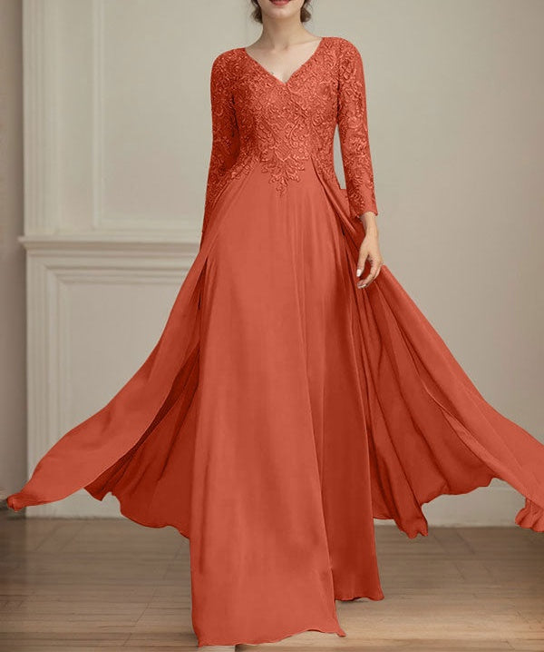 A-line V-Neck Floor-Length Lace Chiffon Mother of the Bride Dress With Sequins