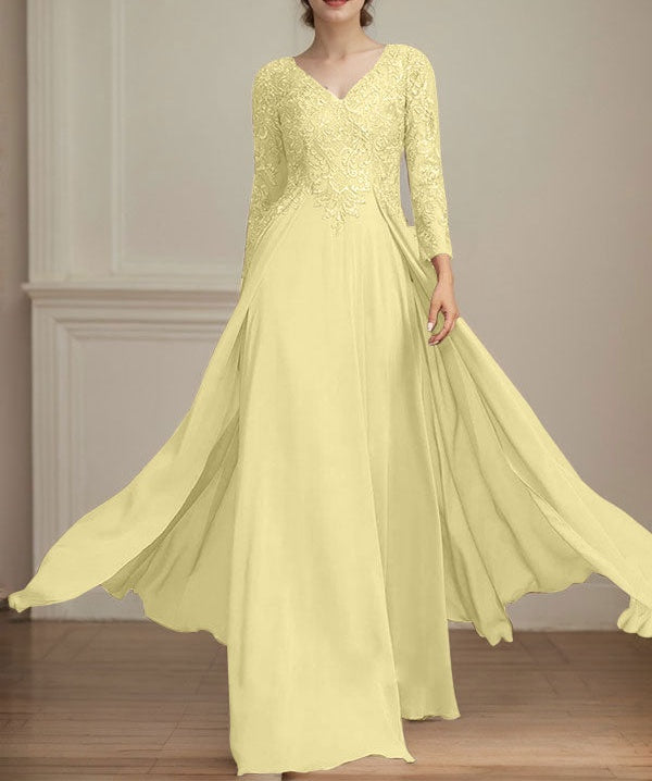 A-line V-Neck Floor-Length Lace Chiffon Mother of the Bride Dress With Sequins