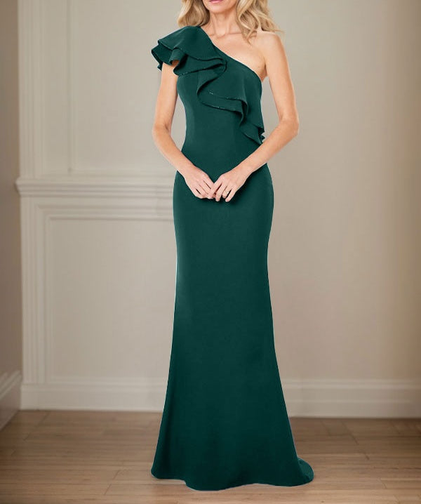 A-line One Shoulder Floor-Length Chiffon Mother of the Bride Dress With Ruffles