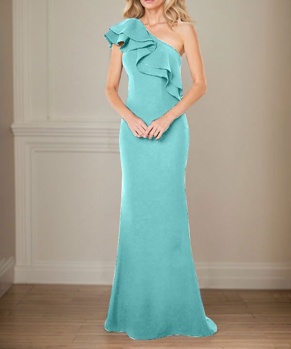 A-line One Shoulder Floor-Length Chiffon Mother of the Bride Dress With Ruffles