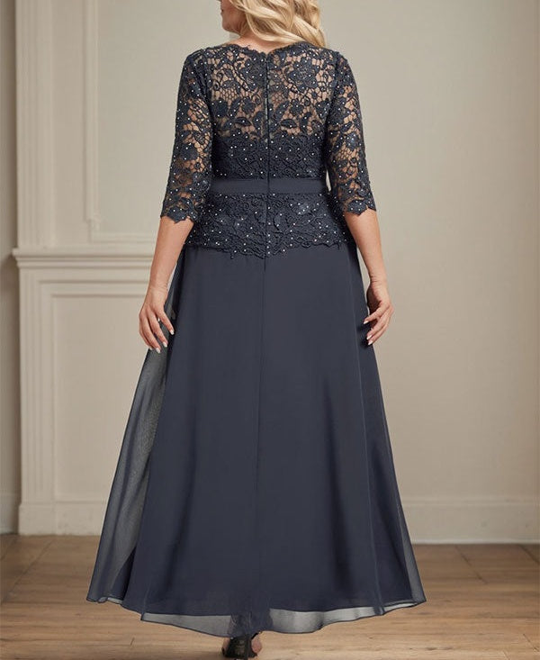 A-line Scoop Illusion Ankle-Length Chiffon Lace Mother of the Bride Dress With Rhinestone Beading