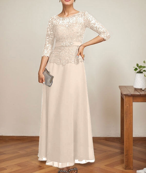 A-line Scoop Illusion Ankle-Length Chiffon Lace Mother of the Bride Dress With Rhinestone Beading