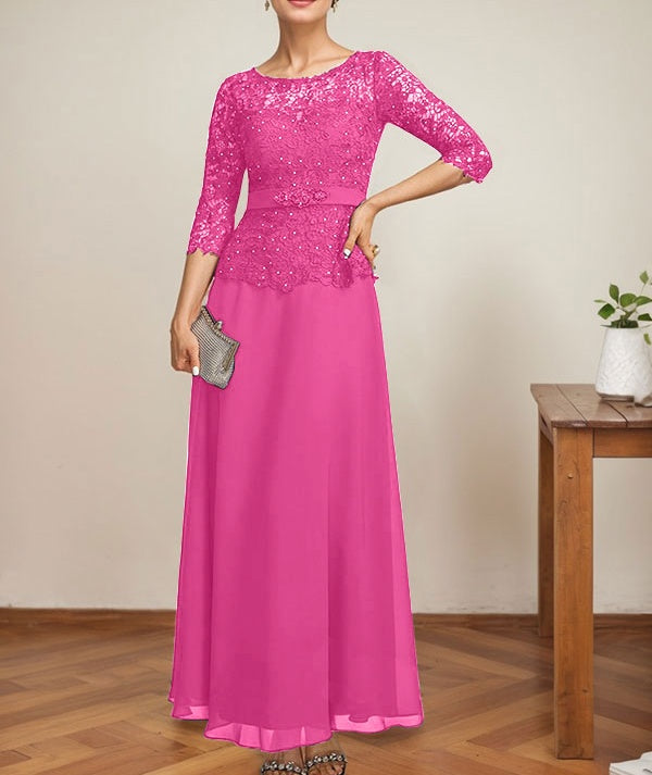 A-line Scoop Illusion Ankle-Length Chiffon Lace Mother of the Bride Dress With Rhinestone Beading