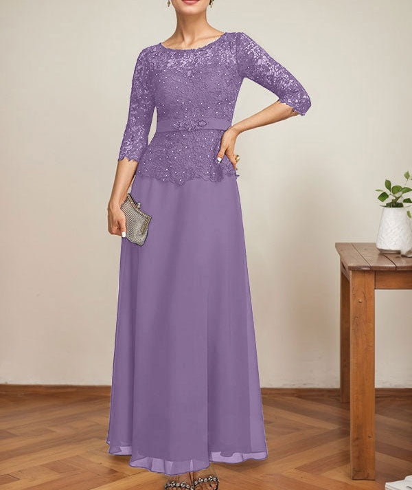 A-line Scoop Illusion Ankle-Length Chiffon Lace Mother of the Bride Dress With Rhinestone Beading