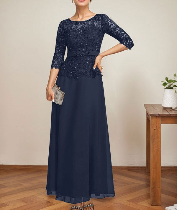 A-line Scoop Illusion Ankle-Length Chiffon Lace Mother of the Bride Dress With Rhinestone Beading