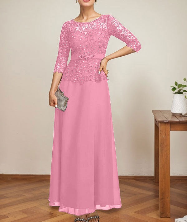 A-line Scoop Illusion Ankle-Length Chiffon Lace Mother of the Bride Dress With Rhinestone Beading