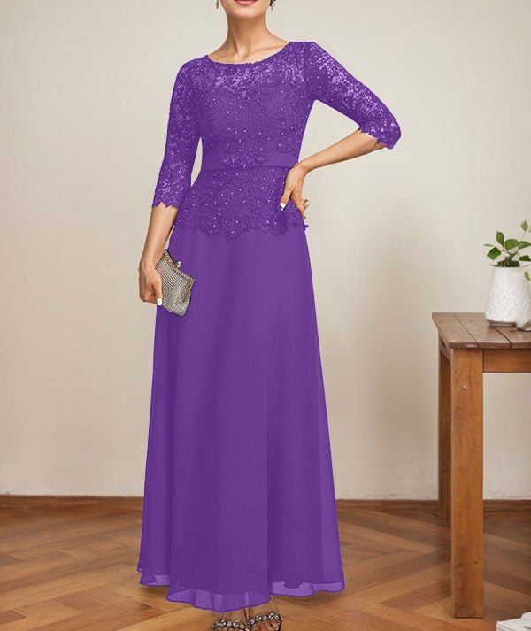 A-line Scoop Illusion Ankle-Length Chiffon Lace Mother of the Bride Dress With Rhinestone Beading