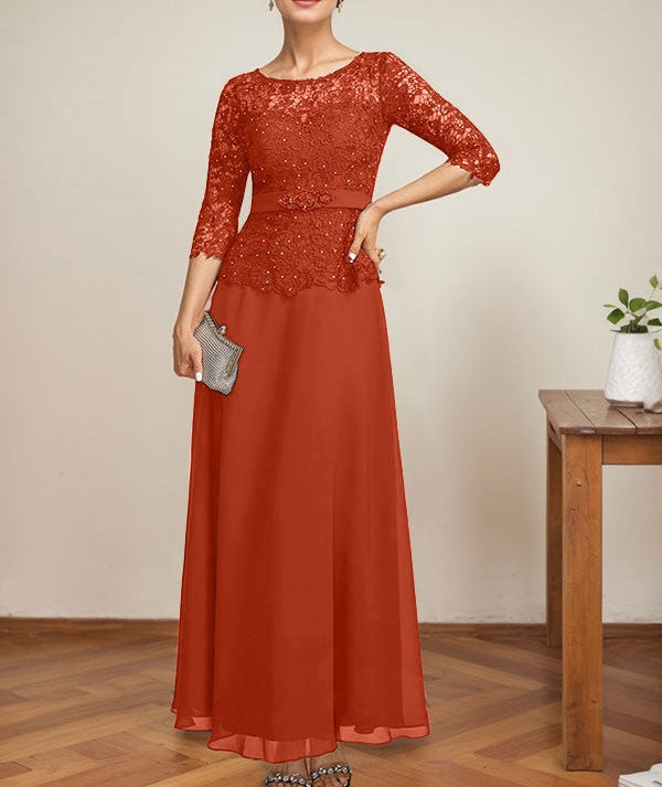 A-line Scoop Illusion Ankle-Length Chiffon Lace Mother of the Bride Dress With Rhinestone Beading