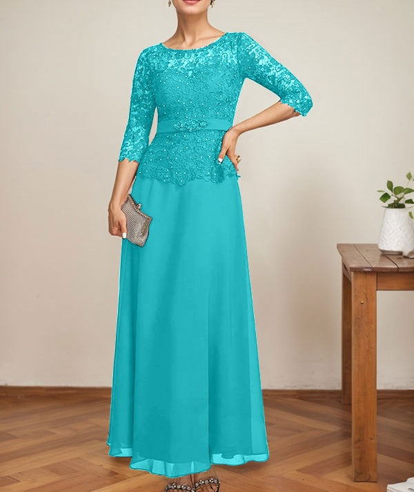 A-line Scoop Illusion Ankle-Length Chiffon Lace Mother of the Bride Dress With Rhinestone Beading
