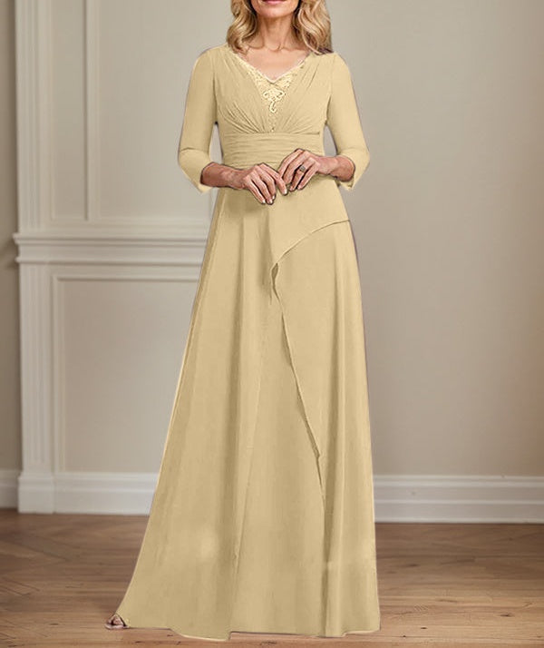A-line V-Neck Floor-Length Chiffon Mother of the Bride Dress With Pleated Beading