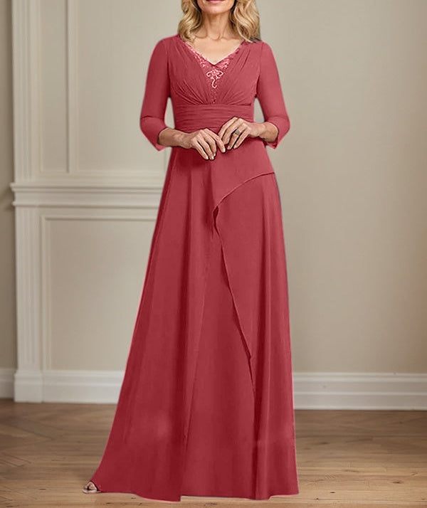 A-line V-Neck Floor-Length Chiffon Mother of the Bride Dress With Pleated Beading
